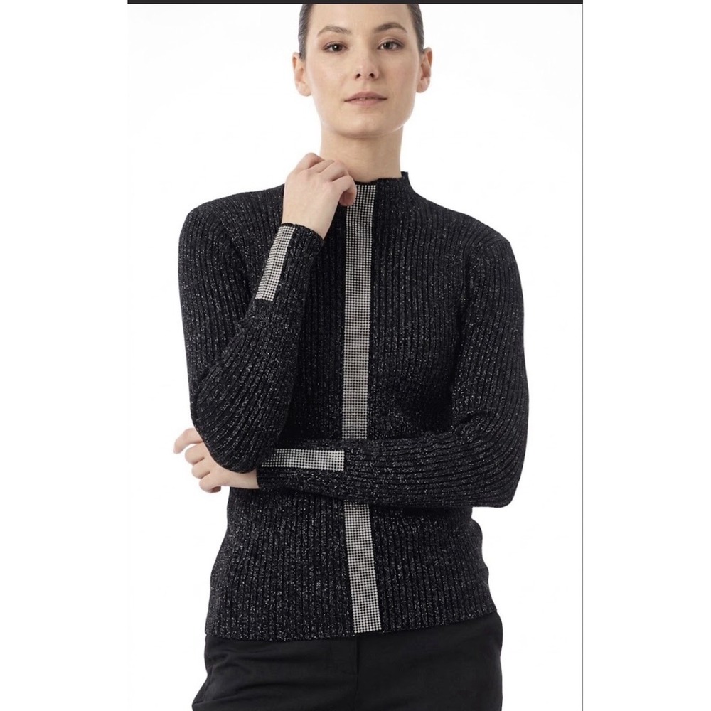 Nancy Yang black ribbed mock neck sweater Studded Size XS Black Multi